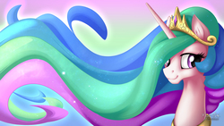 Size: 1920x1080 | Tagged: safe, artist:mysticalpha, princess celestia, g4, crown, female, huge mane, impossibly long hair, jewelry, long mane, peytral, regalia, smiling, solo