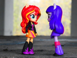 Size: 4896x3672 | Tagged: safe, artist:artofmagicpoland, sunset shimmer, twilight sparkle, equestria girls, g4, clothes, confrontation, cute, doll, equestria girls minis, eqventures of the minis, female, irl, photo, shimmerbetes, skirt, toy, twiabetes