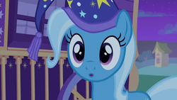 Size: 1280x720 | Tagged: safe, screencap, trixie, pony, unicorn, g4, to where and back again, :o, cute, diatrixes, female, hat, mare, open mouth, solo