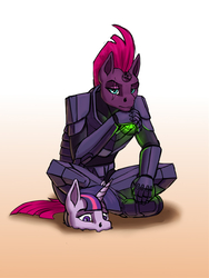 Size: 750x1000 | Tagged: safe, artist:wwredgrave, tempest shadow, twilight sparkle, alicorn, unicorn, anthro, g4, my little pony: the movie, armor, broken horn, buried, clothes, eye scar, far cry 3, female, horn, looking at you, mare, sand, scar, wip