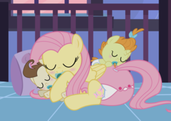 Size: 2080x1470 | Tagged: safe, artist:babyshy, fluttershy, pound cake, pumpkin cake, pegasus, pony, g4, adult foal, baby, baby pony, blushing, butt pillow, crib, cuddling, cute, daaaaaaaaaaaw, diaper, diaper fetish, fetish, lying down, night, non-baby in diaper, onesie, pacifier, pillow, poofy diaper, poundabetes, prone, pumpkinbetes, show accurate, shyabetes, sleeping, snuggling, underhoof, weapons-grade cute