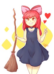 Size: 1100x1500 | Tagged: safe, artist:pika-chany, apple bloom, human, g4, adorabloom, apple bloom's bow, bow, broom, clothes, cosplay, costume, cute, dress, female, hair bow, heart, humanized, kiki's delivery service, peace sign, smiling, solo