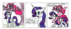 Size: 1576x662 | Tagged: safe, artist:gingerfoxy, pinkie pie, rarity, earth pony, pony, unicorn, pony comic generator, g4, cheshire cat, cheshire cat grin, comic, grin, misspelling, pinkie pie riding rarity, ponies riding ponies, riding, smiling
