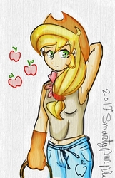 Size: 764x1186 | Tagged: safe, artist:smartypurple, applejack, human, g4, armpits, belly button, clothes, female, gloves, humanized, lasso, midriff, rope, solo, traditional art
