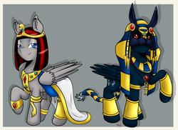 Size: 1650x1200 | Tagged: safe, artist:akashasi, oc, oc only, oc:aulann, oc:ricochert, pegasus, pony, sphinx, anubis, clothes, costume, egyptian, female, mare, nightmare night costume, raised hoof, sphinx oc