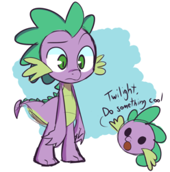 Size: 1175x1184 | Tagged: safe, artist:lilboulder, spike, dragon, g4, abstract background, baby, baby dragon, cute, dialogue, green eyes, implied twilight sparkle, male, open mouth, raised eyebrow, simple background, solo, spikabetes, talking