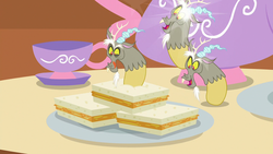 Size: 1280x720 | Tagged: safe, screencap, discord, discordant harmony, g4, carrot-ginger sandwich, cup, food, magic, minicord, sandwich, teacup