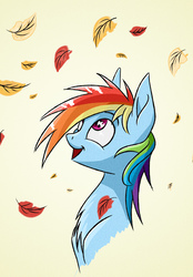 Size: 2008x2888 | Tagged: safe, artist:akweer, rainbow dash, pegasus, pony, g4, autumn, chest fluff, female, high res, leaves, looking up, mare, multicolored hair, smiling, solo