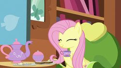 Size: 1280x720 | Tagged: safe, screencap, fluttershy, pegasus, pony, discordant harmony, g4, cup, cute, eyes closed, female, food, mare, sandwich crust, shyabetes, smiling, solo, teacup, teapot