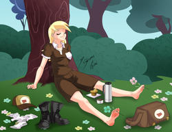 Size: 2786x2152 | Tagged: safe, artist:shinta-girl, derpy hooves, human, equestria girls, g4, barefoot, beautiful, between toes, boots, bush, clothes, eyes closed, feet, female, fetish, flower, food, foot fetish, foot focus, grass, high res, humanized, mail, mailmare, muffin, resting, shoes, shoes removed, smiling, soles, solo, tired, toes