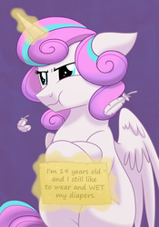 Size: 1400x2000 | Tagged: safe, artist:itstaylor-made, edit, princess flurry heart, alicorn, pony, g4, :t, crossed hooves, diaper, feather, female, floppy ears, glare, grumpy, levitation, magic, non-baby in diaper, older, older flurry heart, pony shaming, pouting, shame, shaming, sitting, solo, telekinesis