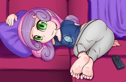 Size: 1105x722 | Tagged: safe, artist:fearingfun, sweetie belle, human, g4, barefoot, bed, clothes, feet, female, fetish, foot fetish, foot focus, humanized, looking at you, lying, solo, young