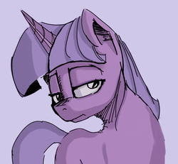Size: 544x502 | Tagged: safe, artist:post-it, twilight sparkle, pony, unicorn, g4, bust, cel shading, colored sketch, despondent, female, mare, sad, simple background, sketch, solo