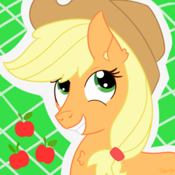 Size: 600x600 | Tagged: safe, artist:dyonys, applejack, earth pony, pony, g4, abstract background, bust, cutie mark, ear fluff, female, hat, mare, solo