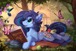 Size: 2350x1595 | Tagged: safe, artist:yakovlev-vad, oc, oc only, butterfly, earth pony, pony, book, bow, cottagecore, crossed hooves, cute, female, gazebo, grass, lying down, mare, open mouth, prone, scenery, slim, smiling, solo, tack, tail bow, tree