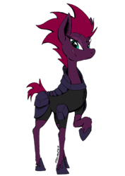 Size: 595x842 | Tagged: safe, artist:darkhestur, tempest shadow, pony, unicorn, g4, my little pony: the movie, armor, broken horn, clothes, eye scar, female, flat colors, horn, looking at you, scar, simple background, solo