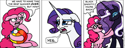 Size: 1094x420 | Tagged: safe, artist:gingerfoxy, nightmare rarity, pinkie pie, rarity, earth pony, pony, unicorn, pony comic generator, g4, beach ball, comic