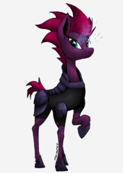 Size: 905x1280 | Tagged: safe, artist:darkhestur, tempest shadow, pony, unicorn, g4, my little pony: the movie, armor, broken horn, clothes, energy, eye scar, female, gray background, horn, looking at you, scar, simple background, solo, sparking horn