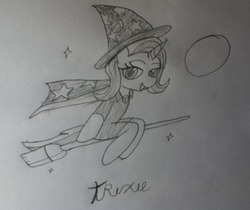 Size: 858x720 | Tagged: safe, artist:lunashy21, trixie, pony, unicorn, g4, broom, female, flying, flying broomstick, solo, traditional art