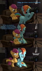 Size: 1920x3240 | Tagged: safe, artist:red4567, rainbow dash, scootaloo, pegasus, pony, 3d, balancing, bipedal, camera, chicken dance, comic, couch, dialogue, eye contact, female, filly, garfield, hoof hold, hug, looking at each other, majestic as fuck, open mouth, raised leg, scootachicken, scootalove, silly, silly pony, sitting, smiling, source filmmaker, text, tongue out, wide eyes