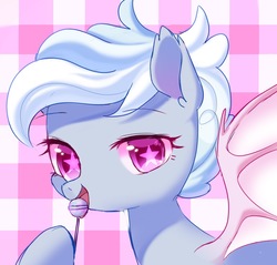 Size: 1150x1100 | Tagged: safe, artist:leafywind, oc, oc only, oc:lulapop, bat pony, pony, abstract background, bat pony oc, candy, female, food, licking, mare, solo, starry eyes, sucker, tongue out, wingding eyes