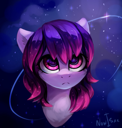 Size: 1776x1860 | Tagged: safe, artist:inowiseei, oc, oc only, oc:share dast, earth pony, pony, art trade, bust, female, frown, looking up, mare, portrait, space