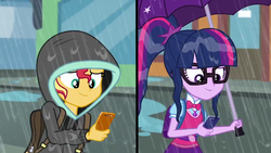 Size: 1280x720 | Tagged: safe, screencap, sci-twi, sunset shimmer, twilight sparkle, eqg summertime shorts, equestria girls, g4, monday blues, backpack, cellphone, clothes, duo, geode of telekinesis, hoodie, magical geodes, phone, rain, smartphone, umbrella