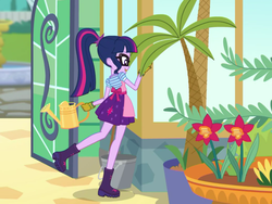 Size: 2048x1536 | Tagged: safe, screencap, sci-twi, twilight sparkle, equestria girls, g4, my little pony equestria girls: better together, my little shop of horrors, boots, celestia's house, clothes, cute, female, flower, glasses, gloves, palm tree, raised leg, rear view, shoes, solo, tree, twiabetes, watering can