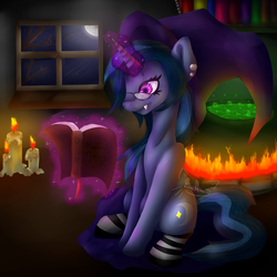 Size: 3160x3160 | Tagged: safe, artist:finniminninyaa, oc, oc only, oc:lydia, pony, unicorn, book, candle, cauldron, clothes, female, fire, high res, magic, mare, sitting, socks, solo