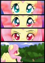Size: 1024x1422 | Tagged: safe, artist:bonsia-lucky, applejack, fluttershy, comic:on your own, g4, comic, evil fluttershy, possessed, possession, red eyes