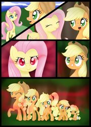 Size: 1024x1422 | Tagged: safe, artist:bonsia-lucky, applejack, fluttershy, pony, comic:on your own, g4, age regression, baby, baby pony, babyjack, comic, diaper, evil fluttershy, foal, red eyes, sombra eyes