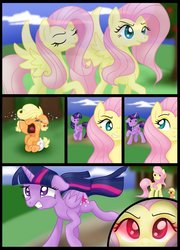 Size: 1024x1422 | Tagged: safe, artist:bonsia-lucky, applejack, fluttershy, twilight sparkle, alicorn, pony, comic:on your own, g4, age regression, baby, baby pony, babyjack, comic, crying, crying on the outside, diaper, evil fluttershy, floppy ears, foal, growth, red eyes