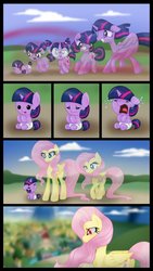 Size: 1024x1820 | Tagged: safe, artist:bonsia-lucky, fluttershy, twilight sparkle, alicorn, pony, unicorn, comic:on your own, g4, age progression, age regression, babality, baby, baby pony, babylight sparkle, comic, crying, diaper, evil fluttershy, foal, glasses, growth, mental regression, red eyes, twilight sparkle (alicorn), unicorn twilight