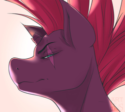 Size: 4000x3600 | Tagged: dead source, safe, artist:thil's, tempest shadow, pony, unicorn, g4, my little pony: the movie, broken horn, bust, domination, eye scar, female, horn, lidded eyes, looking at you, portrait, profile, scar, scar on the wrong side, simple background, smiling, smirk, solo