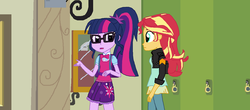 Size: 1600x706 | Tagged: safe, artist:thomaszoey3000, sci-twi, sunset shimmer, twilight sparkle, equestria girls, g4, clothes, glasses, jacket, leather jacket, ponytail