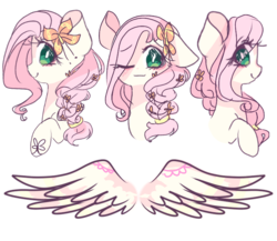 Size: 766x666 | Tagged: safe, artist:windymils, fluttershy, butterfly, pegasus, pony, g4, alternate hairstyle, braid, bust, design, eye clipping through hair, female, hair over one eye, looking at you, mare, one ear down, one eye closed, simple background, smiling, solo, white background, wings