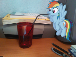 Size: 2592x1944 | Tagged: safe, artist:a4r91n, rainbow dash, pegasus, pony, g4, bendy straw, book, desk, drinking, drinking straw, floating, irl, micro, photo, ponies in real life, printer, solo, straw