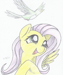 Size: 730x875 | Tagged: safe, artist:astevenamedwolf, fluttershy, bird, pegasus, pony, g4, bust, female, looking at something, looking up, open mouth, portrait, raised hoof, smiling, solo, spread wings, traditional art, wings