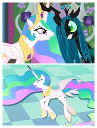 Size: 3106x4096 | Tagged: safe, screencap, princess celestia, queen chrysalis, changeling, changeling queen, pony, a canterlot wedding, g4, comparison, female, fight, half defeated