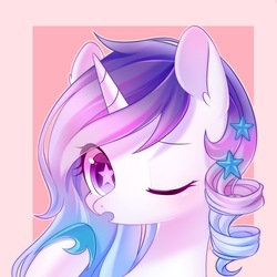 Size: 1500x1500 | Tagged: safe, artist:leafywind, oc, oc only, oc:white frost, pony, unicorn, abstract background, female, mare, one eye closed, solo, starry eyes, wingding eyes, yawn