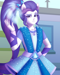 Size: 2400x3000 | Tagged: safe, artist:souladdicted, rarity, equestria girls, equestria girls series, g4, super squad goals, alternate hairstyle, canterlot city, clothes, crystal guardian, female, geode of shielding, high res, looking at you, magic, pony ears, scene interpretation, solo, unamused