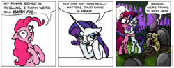 Size: 1455x579 | Tagged: safe, artist:gingerfoxy, pinkie pie, rarity, earth pony, pony, undead, unicorn, pony comic generator, g4, comic, david bowie, graveyard, meta