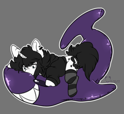 Size: 733x672 | Tagged: safe, artist:nekosister, oc, oc only, oc:noctissanctum, pony, unicorn, clothes, ear piercing, femboy, gradient background, hoodie, inflatable, inflatable shark, male, piercing, pool toy, socks, striped socks, violet inflatable shark