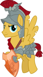 Size: 4817x8538 | Tagged: safe, artist:jhayarr23, flash magnus, pegasus, pony, campfire tales, g4, shadow play, >:), absurd resolution, armor, flying, helmet, looking at you, male, netitus, royal legion, shield, simple background, smiling, solo, stallion, torn wings, transparent background, vector