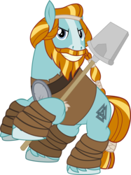 Size: 6030x8071 | Tagged: safe, artist:jhayarr23, rockhoof, earth pony, pony, g4, shadow play, absurd resolution, beard, blaze (coat marking), braid, braided ponytail, coat markings, facial hair, facial markings, hoof hold, leather armor, leg wraps, looking at you, male, moustache, rearing, rockhoof's shovel, shovel, simple background, smiling, solo, stallion, transparent background, valknut, vector