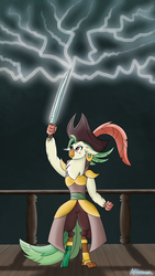 Size: 1080x1920 | Tagged: dead source, safe, artist:afterman, captain celaeno, anthro, g4, my little pony: the movie, amputee, clenched fist, female, lightning, pirate, prosthetics, solo, standing, sword, weapon