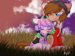 Size: 1600x1200 | Tagged: safe, artist:red_moonwolf, oc, oc only, oc:winter aurora, oc:zone blitz, deer, earth pony, pony, annoyed, antlers, beanie, blushing, bottomless, clothes, cute, duo, ethereal mane, facial hair, hat, hoodie, partial nudity, size difference, snuggling, sparkles