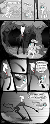 Size: 1200x2953 | Tagged: safe, artist:omny87, fluttershy, pony, comic:marble pegasi, g4, blue eyes, comic, comically missing the point, faceless male, gasp, limited palette, male, marble hornets, monochrome, necktie, offscreen character, prehensile tail, singing, slenderman, slendermane, slenderpony