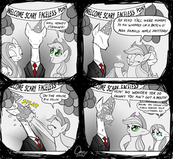 Size: 1200x1108 | Tagged: safe, artist:omny87, applejack, fluttershy, pony, comic:marble pegasi, g4, apple fritter (food), black and white, blue eyes, comic, faceless male, feederjack, food, force feeding, grayscale, green eyes, hat, hoof in mouth, hoofjack, limited palette, male, marble hornets, monochrome, necktie, no eyes, offscreen character, party, party hat, slenderman, slendermane, slenderpony