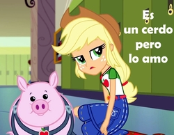 Size: 928x720 | Tagged: safe, edit, edited screencap, screencap, applejack, pig, equestria girls, g4, my little pony equestria girls: better together, clothes, cowboy hat, denim skirt, freckles, hat, school, skirt, spanish, stetson, translated in the comments